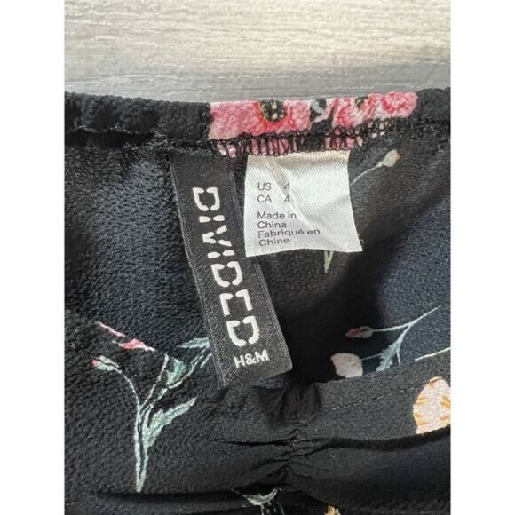 H&M Black Floral Long Sleeve Mini Dress With Square Neckline & Pink Rose Print - Picture 7 of 8